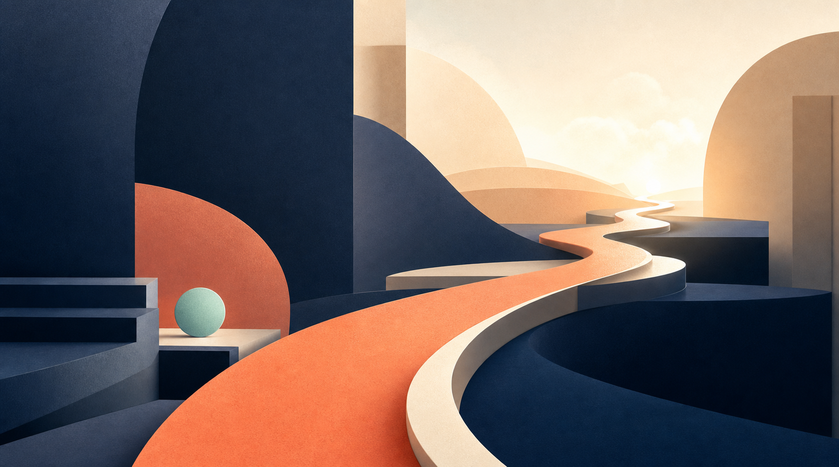 An abstract coral path moving through deep navy forms toward a bright horizon